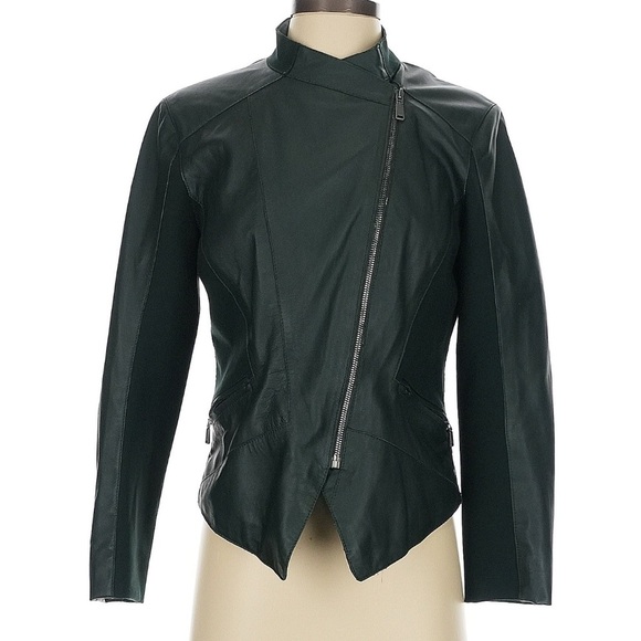 Elie Tahari 100% Lamb Leather Dark Green Moto Jacket Size Small S - Picture 1 of 6